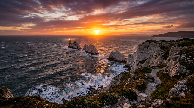 Coastal lighthouse standing tall amidst rugged chalk sea stacks with crashing waves and a vibrant sunset sky over a deep blue ocean