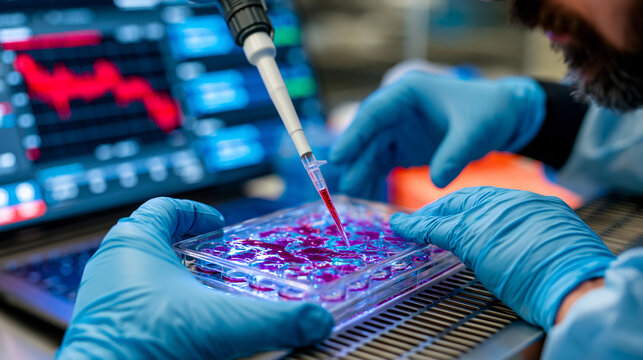 Pharmaceutical safety scientist pipetting hepatotoxic compound dose into perfused liver organ-on-chip platform replicating first-pass metabolism, real-time cellular viability metric declining on mon