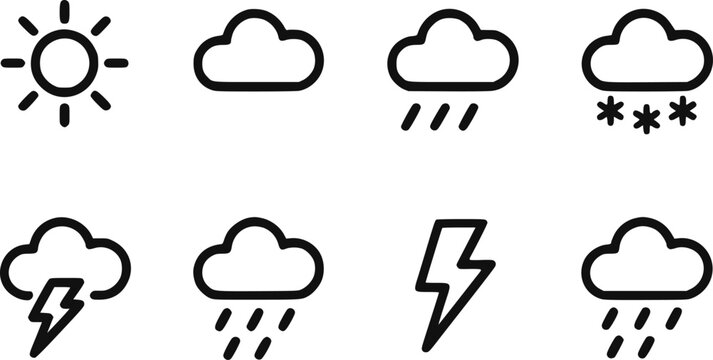太陽、雲、雨、雪、雷雨を表すシンプルな白黒の天気予報アイコンセット