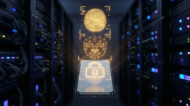 Conceptual 3D Holographic Biometric Authentication on Futuristic Smartphone.