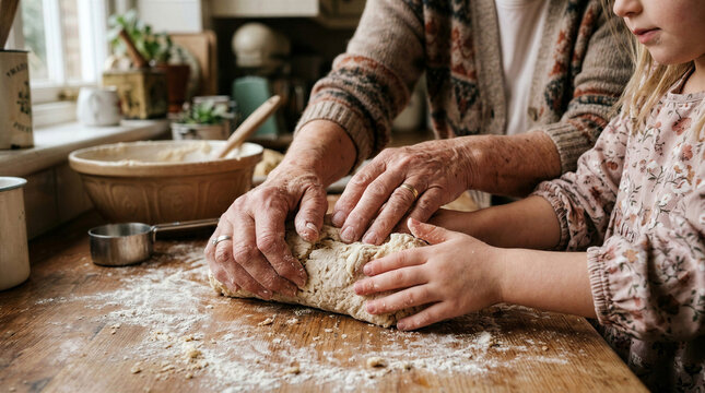 Grandmother and granddaughter cooking together, joyful, kneading dough in a cozy kitchen