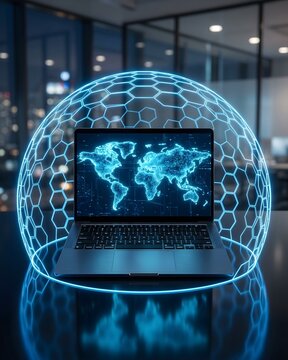Cyber Security Digital Energy Dome Shield Protecting Laptop.