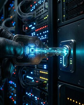 Cyber Security Hacker Key with Microchip and Skull in Server Rack.