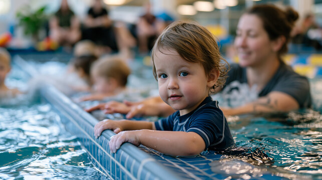 Toddler clinging to pool wall during first swimming lesson, knuckles pale against blue tile, instructor in water extending patient hands toward terrified child, other small swimmers splashing nearby