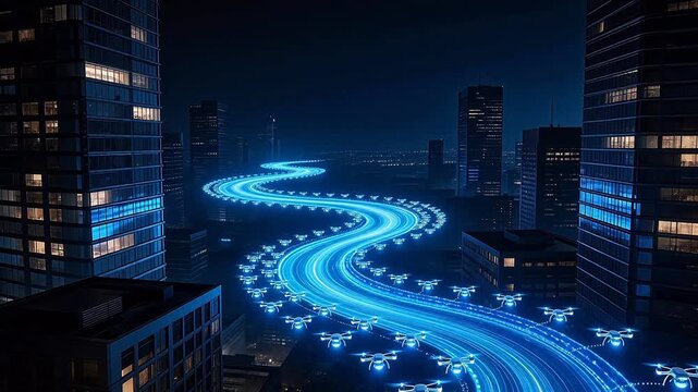 Futuristic drones in city skyline