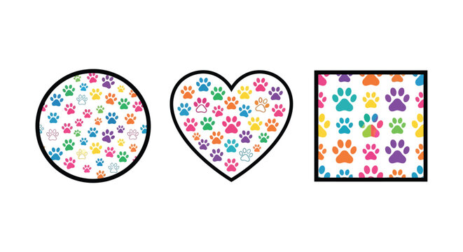 Paw print patterns in circular heart and rectangular shapes vector illustration on a white background prints animal tracks pet paws dog cat footprints pad pattern