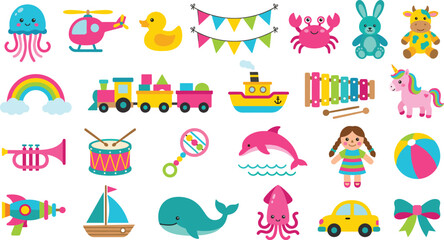 Fototapeta premium Cute Kids Toy Icon Set with Jellyfish Helicopter Train Xylophone Unicorn Dolphin Doll and Colorful Baby Toys Vector Illustration