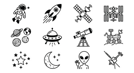 Space exploration icons black line art on a white background astronomy rocket satellite astronaut planet ufo telescope rover alien moon stars cosmos celestial orbital galactic © mdaburaihan