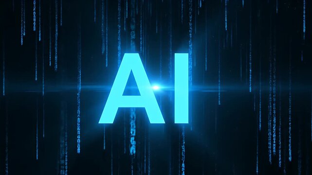 Ai text logo animation with digital binary code background and light effects