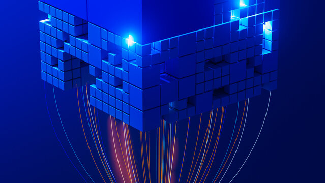 Digital cube structure with light trails creating a stream effect