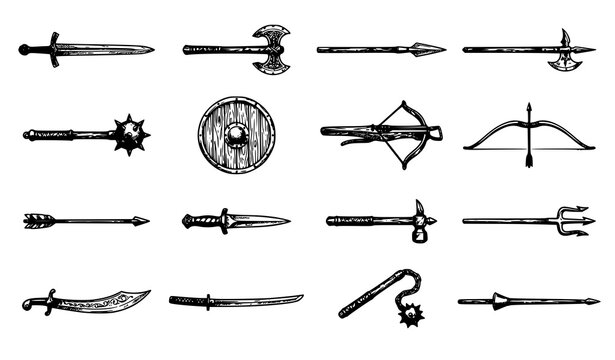 Historical Weapon Collection Sketch Drawing Black and White Medieval Vector Set
