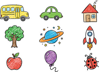 Fototapeta premium Hand Drawn Kids Icon Set with School Bus Car House Tree Planet Rocket Apple Balloon and Ladybug Vector Illustration
