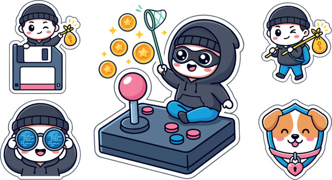 Cute Chibi Hacker and Retro Gaming Cyber Crime Asset Collection Vector Featuring Kawaii Thief Character Catching Floating Coins on Arcade Joystick Floppy Disk and Shield Dog Elements