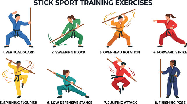 Stick Sport Training Exercises Martial Arts Staff Technique Instruction Illustration Set