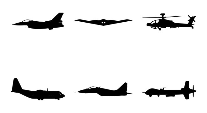 Military Aircraft Vector Silhouettes, Modern Fighter Jets, Stealth Bombers, Attack Helicopters, Transport Planes, Drone Icons