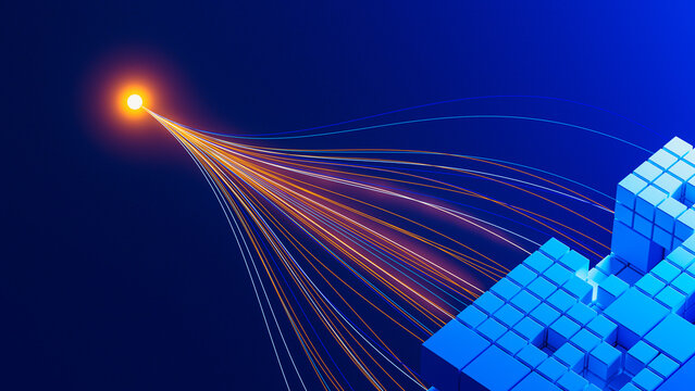 Digital cube structure with light trails creating a stream effect