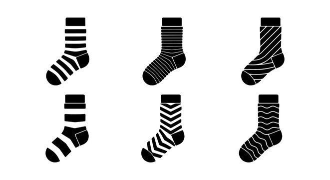 Black and white socks vector set, six pairs of patterned socks, clothing accessory collection