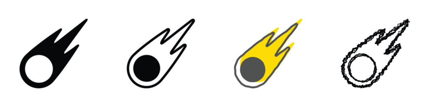 A collection of four distinct visual representations of a comet, showcasing varied artistic styles from simple silhouettes to hand-drawn sketches