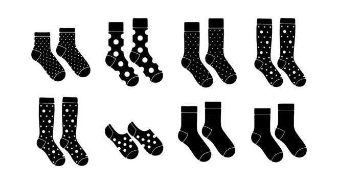 Black and white socks vector set, various patterned socks, plain socks, ankle socks, apparel collection