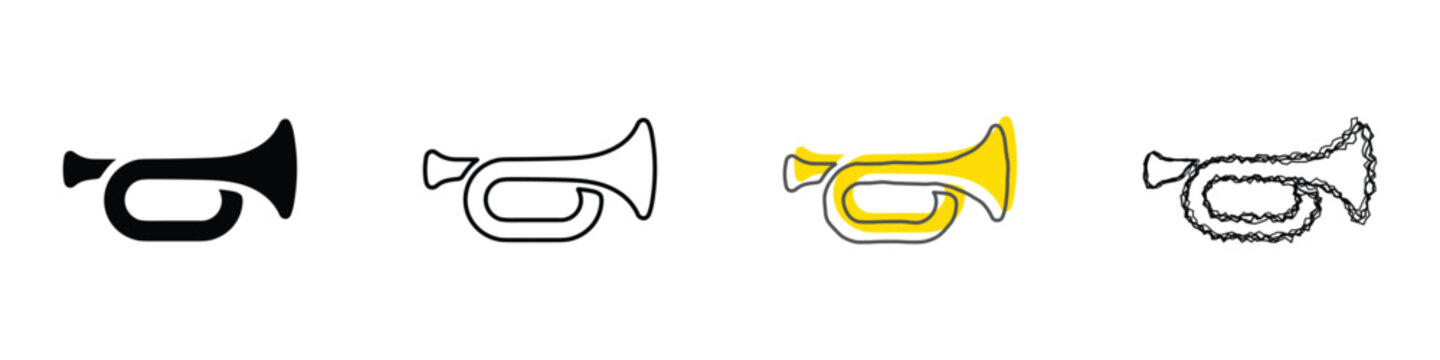 A set of four distinct bugle horn illustrations, showcasing a solid silhouette, outline, colored sketch, and a detailed line drawing