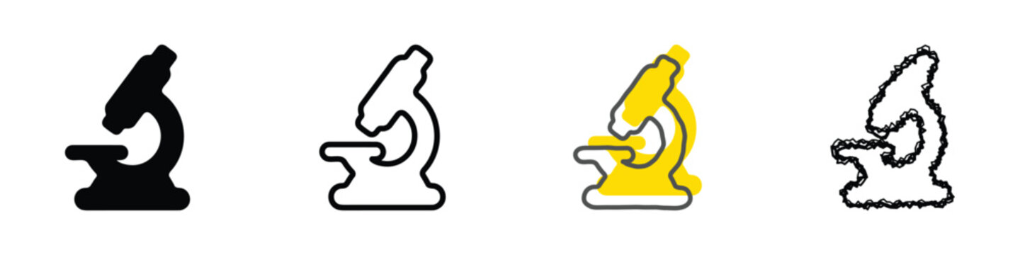 Four distinct visual representations of a microscope, showcasing various artistic interpretations for diverse design needs