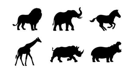 Safari Animal Silhouettes, Wild African Wildlife Vector Icons, Black Zoo Creature Collection © MIA