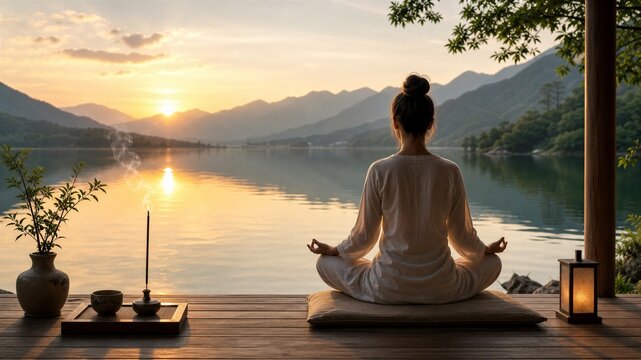Serene woman meditates by tranquil lake at sunrise. Dewy mountains reflect golden light on calm water. Scent of incense lingers beside her wooden platform