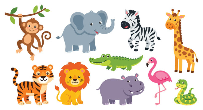 African animal vector illustration with a monkey elephant zebra giraffe tiger lion crocodile hippo flamingo and snake animals graphics wildlife mammals stripes trunk spots mane