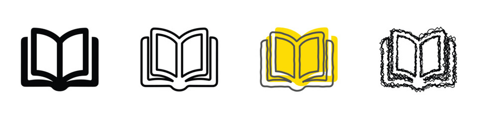 Four distinct visual representations of an open book, showcasing different artistic interpretations and line styles for versatile design applications © Vova7