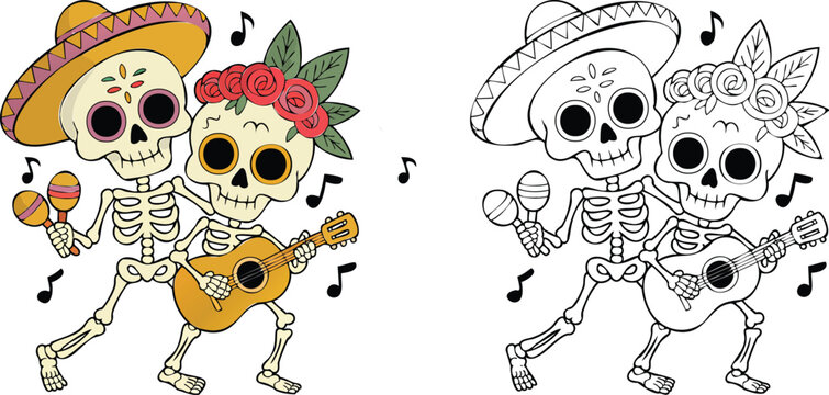 Skeleton characters playing guitars and maracas