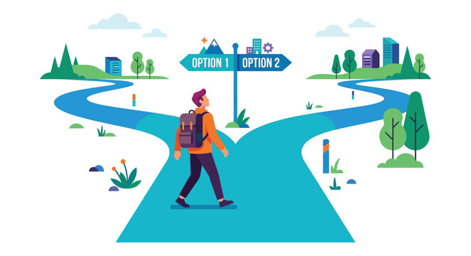 Decision making illustration with a person at a crossroads and options one and two choices path direction pathway route fork road selection strategy planning future