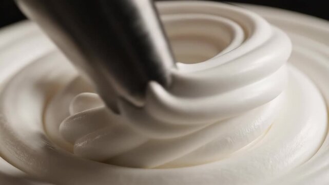 Macro of piping bag squeezing white whipped cream in spiral pattern on dark background