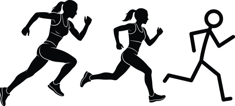Female running silhouettes and stick figure runner showing athletic motion, fitness activity, and dynamic movement in minimalist vector art