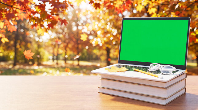 Green screen laptop and Stack of Books and autumn leaves on wooden table in an autumn park. Education promotion back to school and learning advertising concepts. Space for text