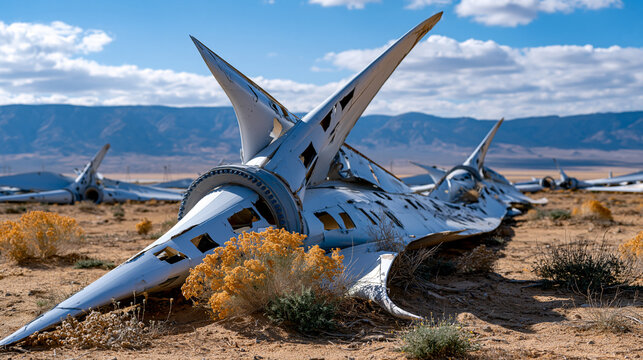 Wind turbine blade graveyard in a flat desert landscape with dozens of composite blades stacked at odd angles, decommissioning waste management crisis, wind energy end of life material challenge, tu