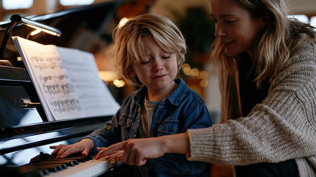 Young boy sitting at upright piano during private lesson, sheet music propped open, frustrated tears as fingers stumble over same difficult passage repeatedly, patient instructor pointing gently to 