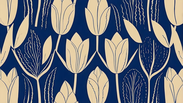 Scandinavian neo minimalist abstract tulip shapes bold flat vector icons cobalt blue and cream seamless