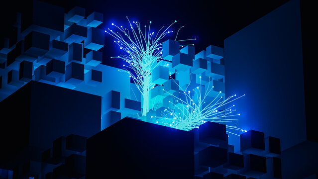 Background of a cube structure with blue light flowing through