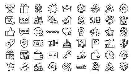 Collection of linear loyalty and reward icons representing customer feedback and business success...