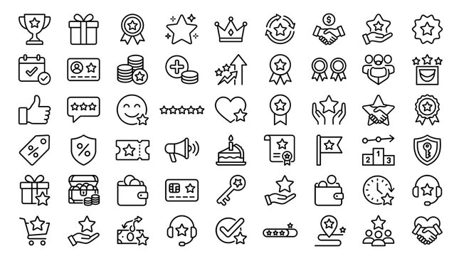 Collection of linear loyalty and reward icons representing customer feedback and business success in a minimalist black and white style