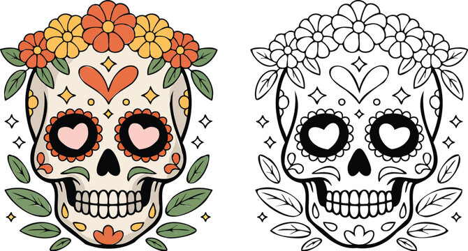Colorful and black sugar skulls with floral designs