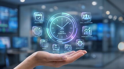 Fototapeta premium Hand Holding Virtual Time Control and Business Goals Dashboard