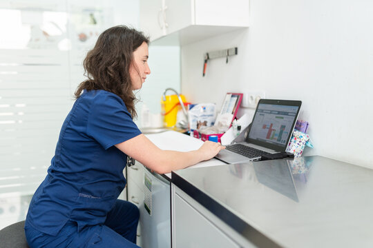 Veterinarian working on laptop in clinic office