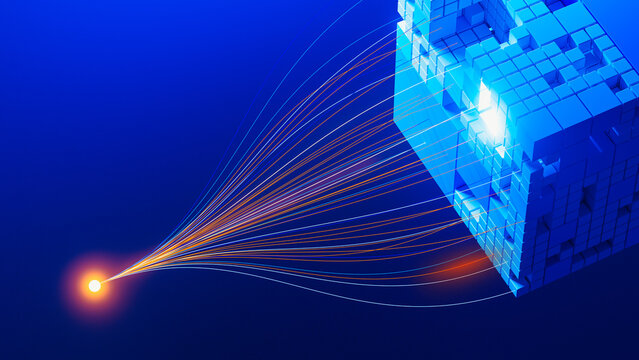 Digital cube structure with light trails creating a stream effect