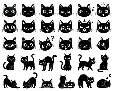 Set of black cat pixel art icons showing various expressions and poses
