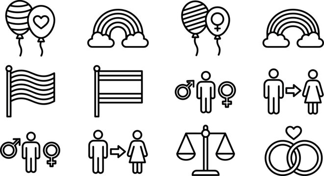 LGBTQ Pride and Gender Equality Icon Set with Rainbows Pride Flags Gender Symbols Transitioning Figures and Wedding Rings Line Vector Illustrations