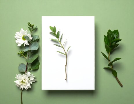 Blank White Paper with Botanical Elements on Green Background