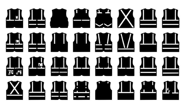 Reflective safety vest vector icon collection with high visibility construction apparel and protective work clothing outline design