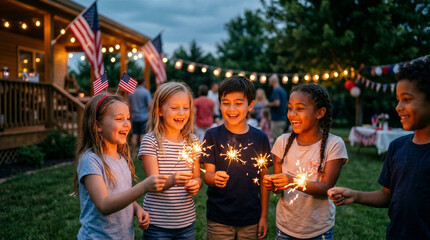 Fototapeta premium Children celebrating Fourth of July with sparklers in a festive outdoor setting