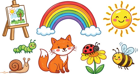 Cute Cartoon Nature Icon Set with Fox Rainbow Sun Ladybug Bee Snail Caterpillar and Easel Vector Illustration © MdJillur